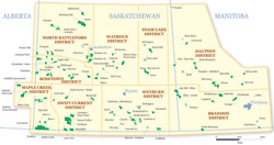 Map showing the PFRA pastures on the Canadian Prairies