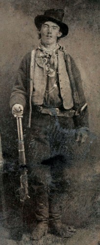 Tintype of Billy the Kid (Nov 23, 1859?–?c. July 14, 1881); believed to have been taken outside a saloon at Fort Sumner, New Mexico in either 1879 or 1880. The original tintype sold in a 2011 auction in Denver for 2.3 million.