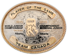 Buckles aren’t just for cowboys. Olson created this beauty for Team Canada for the Player of the Game of the 2012 World Junior Championship.