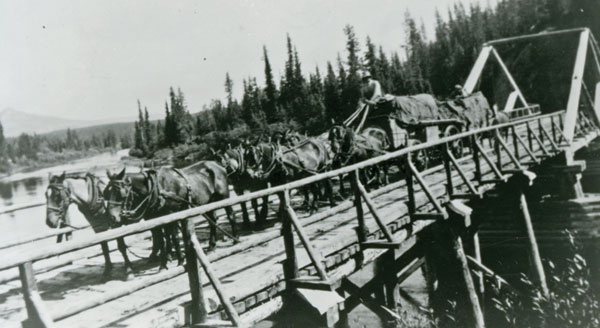 Earl Buck crossing a bridge with his freight wagon pulled by a six-horse hitch. Photo courtesy Daryl Drew.