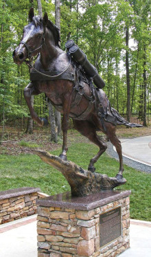 The statue of Staff Sergeant Reckless, Marine Corp, by sculptor Jocelyn Russell shows the mare carrying ammunition shells and other combat equipment. It was unveiled July 26, 2013, in Semper Fidelis Memorial Park at the National Museum of the Marine Corps in Virginia. There is a lock of her tail hair in the base of the statue. Photo courtesy United States Marine Corp.