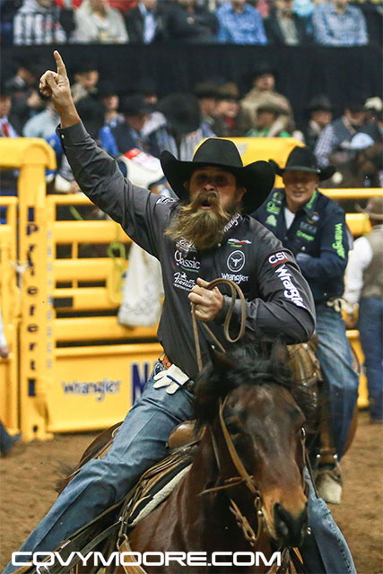 2016 World Champion Team Ropers, Jeremy "Fear the Beard" Buhler and Levi Simpson. Covy Moore photo